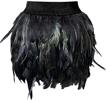Generisch Damen Federrock elastische Taille Mini Partyrock Rabenkostum Karneval Kostüm Rabenkostüm Federrock Tüllrock Fransenrock für Tanz Club Halloween Kostum