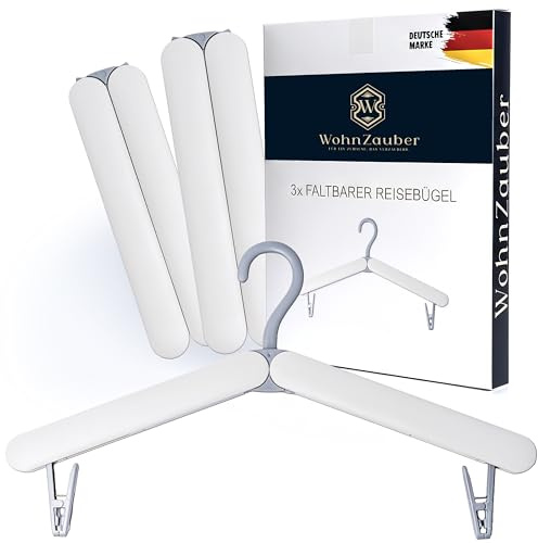 WohnZauber® Faltbare Reise Kleiderbügel 3er Set | Platzsparend & Leicht | Ideal für Urlaub, Camping, Wohnmobil & Zuhause | Klappbare Kleiderbügel mit Clips (Weiß)