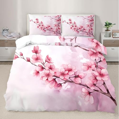 HYGIUID Cherry Blossoms Quilt Cover Flowers Bedding Set with 2 Shams Watercolor Machine Washable, Corner Ties – Modern Bedroom Décor (Double 200x200cm)