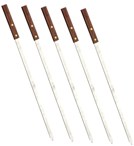 iplusmile 5 pièces Brochettes Bbq Inox avec Manche Bois Lames Plates Antidérapantes pour Viande Réutilisables Résistantes et Durables pour Grillades Famille et Extérieur