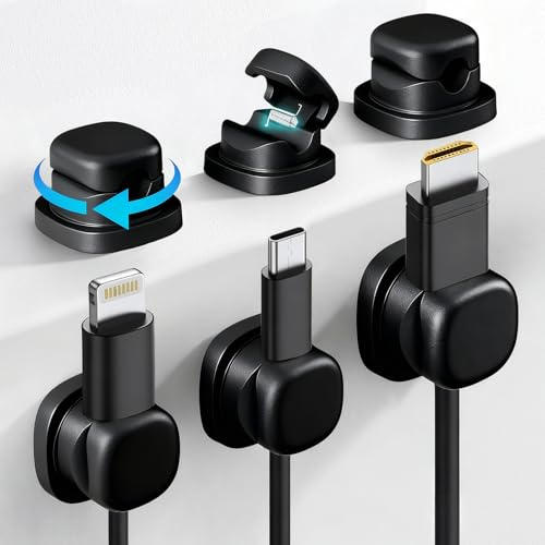 ZPTEE Cable Holder Clips for Desk & Bedside, 6 Pack 360° Rotating Spring Cable Organiser with Strong Adhesive, Wire Holder for Charging Cables, Cord Tidy for Office, Home, Car & Nightstand