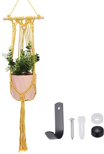 sourcing map Macrame Plant Hanger, 34 Inch Plant Hanger Indoor Outdoor Hanging Planter with Hook Tassels Decorative Crochet Cotton Rope for Home Decor Plants Pots,Wooden Bead Style Yellow