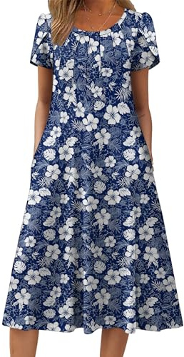 Zeagoo Abito da donna, a maniche corte, estivo, elegante, midi, a-linea, tunica, estivo, rotondo, con fiori, con tasche, M