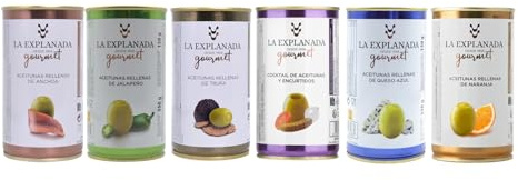 Aceitunas Rellenas Gourmet Surtidas – Pack Degustación Sabores Premium (Anchoa, Jalapeño, Trufa, Cítricos, Queso Azul, Naranja) – Aperitivo Artesanal en Conserva – Ideal para Regalo y Eventos
