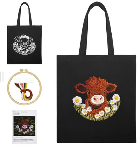 Piuluvor® Stickset Tasche für Anfänger, Sticken Set Erwachsene mit Vorgedrucktem Highland Kuh Muster, Canvas Handtasche Stickerei Set mit Anleitung Stickrahmen Stickgarn und Sticknadeln