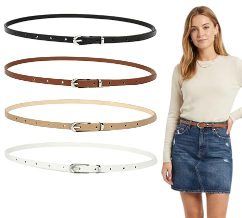 Infinity & Breathe 4-Teiliges Set Gürtel Schmal Damen, Verstellbarer Schmaler Taillengürtel, Gürtel Damen Silber Schnalle Mit Silberner Schnalle, Passend Zu Jeans, Freizeithosen Und Kleidern