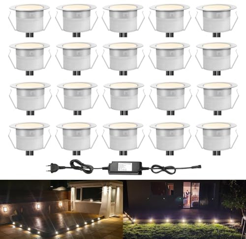 INDARUN 20er Set LED Bodeneinbauleuchten Aussen Warmweiß Ø45mm Terrasse Einbaustrahler, Led Terrassenbeleuchtung IP67 Wasserdicht Boden Licht für Küche Garten Treppen