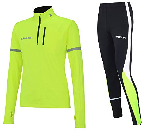 Airtracks Herren Winter Funktions Laufset - Thermo Laufhose Lang + Thermo Laufshirt Langarm Pro - Warm - Atmungsaktiv - Reflektoren