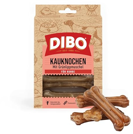 DIBO Kauknochen mit Grünlippmuschel 120g (4 Stück x 30-35g) Der gesunde Kau-Snack für Ihren Liebsten. Gut für Zähne und Zahnfleisch. Ohne Zusatzstoffe