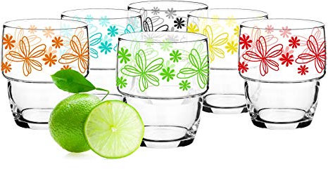 Sendez 6 Stapelbare Trinkgläser 250ml Saftglas Wasserglas mit Blumen-Motiv Saftgläser Wassergläser