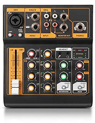 AFYH Studio Mixing Desk, Sintetizzatori Mixer Audio Portatile a 4 canali Console Musicale per DJ con XLR con Alimentazione Phantom 48V per spettacoli Web DJ Live