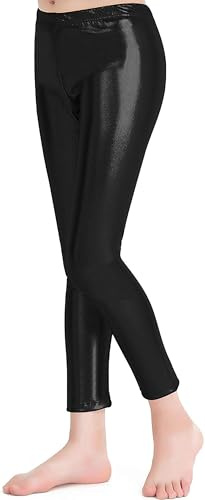 Carnavalife Leggings Brillantes para Niña 4-12 Años, Cintura Elástica y Largo hasta el Tobillo, Mallas para Danza Disco Jazz Baile y Fiesta (Negro, 10 años)