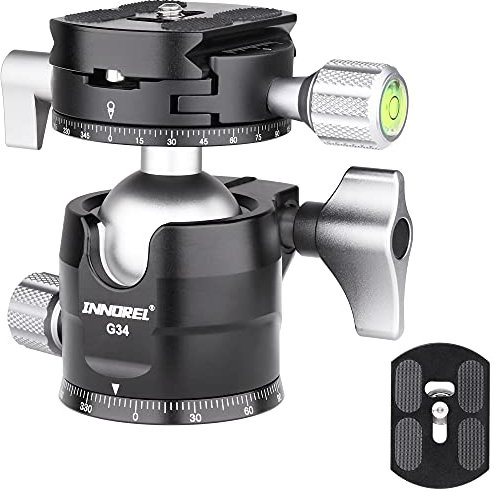 INNOREL G34 Low Profile Stativ-Kugelkopf Doppelter Panorama-Metall-Kamerastativ-Kugelkopf mit 1/4 Arca Swiss QR-Platte, Schnellwechselplatte für Einbeinstativ, Camcorder, max. Belastung 16 kg