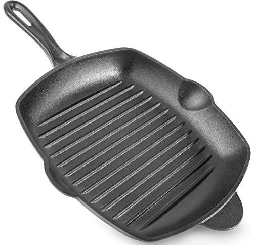 nuovva Pre-Seasoned Cast Iron Griddle Frying Pan - Square Enamelled Grill Pan - 28cm (Black)