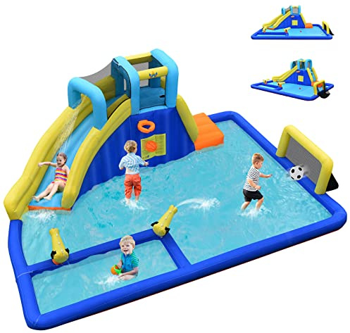 COSTWAY Château Gonflable avec Toboggan et Grande Piscine, Aire de Jeux Gonflable avec Mur d’Escalade et Panier de Basket, Canon à Eau, Intérieur Extérieur, Charge 120kg, 3-12 Ans, sans Souffleur