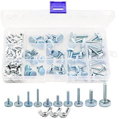 LBY 100pcs Knurled Hand Screw, M3/M4/M5 Knurled Head Fully Threaded Thumb Screws (Single Layer Step) and Wing Nuts 13 Kinds Assortment Kit, Carbon Steel Galvanized