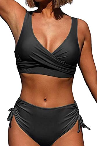Joligiao Mujer Conjunto de Bikini Cintura Alta Fruncido Traje de Baño Dos Piezas Twisted Bañador de Baño Bikini Bottoms Control de Vientre Ropa de Playa Conjuntos de Bikini(Negro,S)