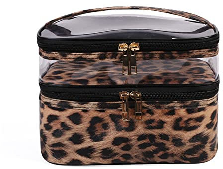 Große Kapazität Kulturbeutel Doppelschichtige transparent Kosmetiktasche Tragbare Reise Make-up Reisetasche fur Organizer (Leopardenmuster,21x16x18cm)