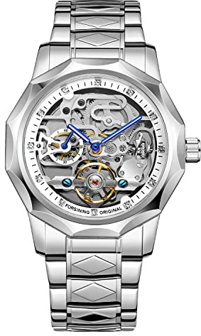 Skelettklocka för män, tourbillon-design, analog, automatisk klocka i rostfritt stål, mekanisk