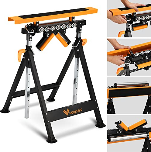 WORKESS 4-in-1 Roller Stand, Saw Horses, V-Shaped & Multi-Directional Rollers, 440 Lbs Load Capacity, Adjustable Height 33”-50”, Folding Workbench