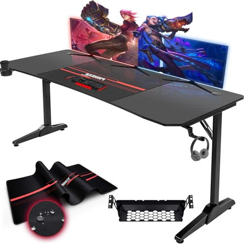 Devoko Gaming Tisch 180, Ergonomischer Gamer-Computertisch (T-Form) mit Getränkehalter & Kopfhörerhalter, Schreibtisch 180 Schwarz