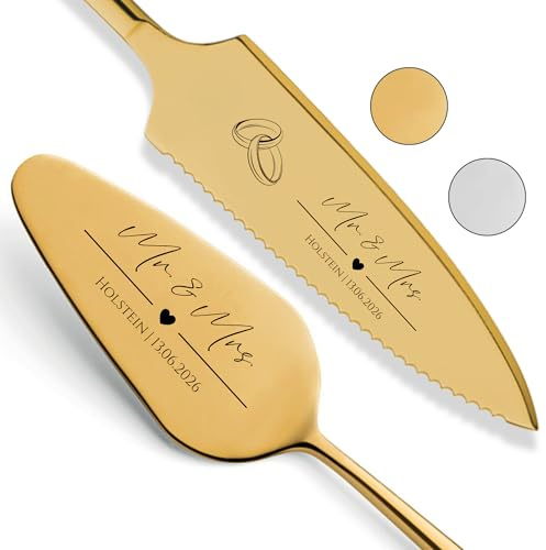 SMARTEON Cake-Server Set mit Tortenmesser und Personalisierter Gravur Mr. & Mrs. – Hochzeitsgeschenke für Brautpaar, Geburtstag, Jubiläum, Geschenkidee für Paare – Goldfarbenes Set in Geschenkbox