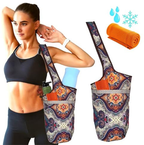 SusggO Pack Borsa per tappetino da yoga e asciugamano rinfrescante Borsa per tappetino da yoga Asciugamano da palestra Asciugamano in microfibra. Borsa per tappetino yoga Pilates Fitness (Paisley)