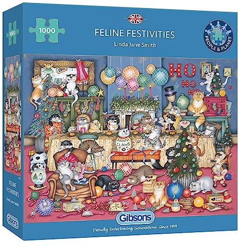 Gibsons Feline Festivities 1000 Piece Jigsaw Puzzle for Adults - Christmas Cat Fun Party - Premium Sustainable Puzzle Made in the UK/EU - Great Gift