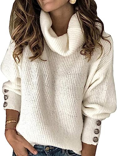 Wenrine Pull à col roulé pour femme - Manches longues - Décontracté - Chaud - Tricoté avec boutons en métal