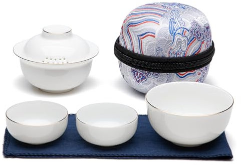 SILINE Service à thé Gaiwan Kungfu en céramique de voyage, ensemble de bols à thé en porcelaine blanche de suif chinois, portable pour la maison, le travail, l'extérieur, l'hôtel (blanc)