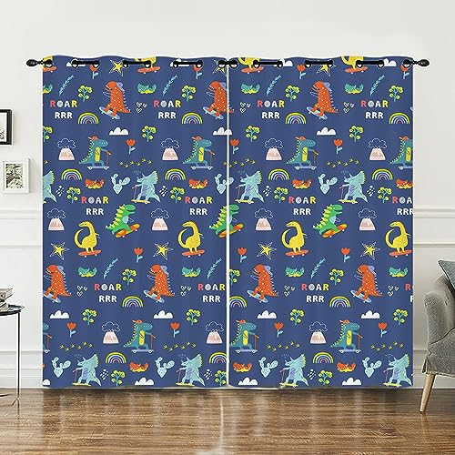 PEIHUODAN Kinderzimmer Vorhänge Satz von 2 Panels, Cartoon Dinosaurier Rakete Raum Astronaut Gedruckt Jungen Zimmer Vorhänge, Blackout Isolierte Fenster Behandlung, mit Ösen (Farbe 6,117x137cm-2pc)