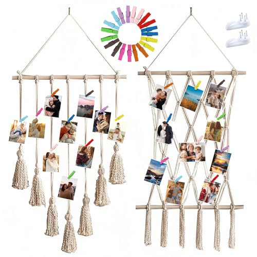 ZSMJAER 2 Pieces Hängendes Fotodisplay,Wandbehang Bilder Organizer,Foto Aufhänger Wanddekoration Für Wohnkultur,Für Wohndekoration,Schlafzimmer und Büro Fotos anzeigen,Mit 40 Holzklammern