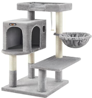 Feandrea Arbre à Chat, Tour de Jeux pour Chat avec Griffoirs en Sisal, Grande Plateforme, Niche, Panier Pivotant, Coussin Amovible et Lavable, Gris Tourterelle PCT042W01