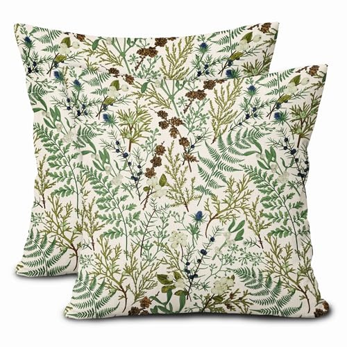 Set di 2 federe per cuscini con piante verdi, 50 x 50 cm, motivo botanico con foglie di felce, per primavera ed estate, stile vintage, decorazione per la casa, soggiorno, divano all'aperto