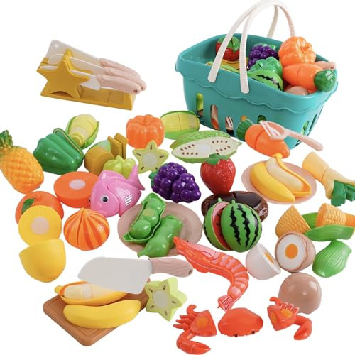 66PCS Cutting Play Food Toy for Kids Includes Dishes and Knife,Educational Pretend Toys Gifts for Girls Boys 3+ For Role Play,Mini Fruit &Vegetables Toy Accessories with Shopping Storage Basket.