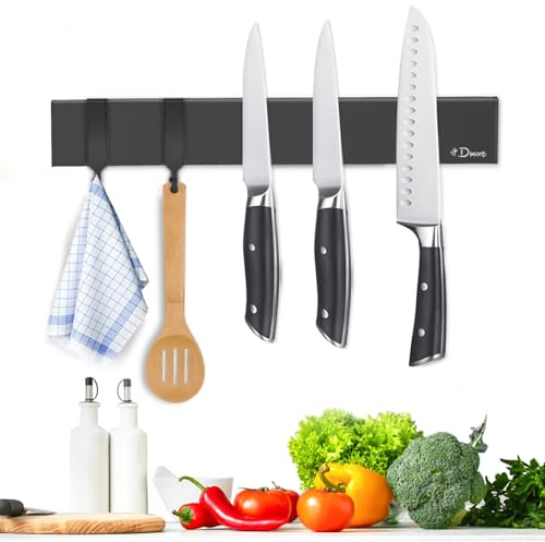 Dmore magnetic knife holder for wall—with 2 hooks, No Drilling 10 Inch black knife magnetic strip, Powerful knife magnet rack, include Adhesive Tape and screws for Knives, Utensils, and Tools