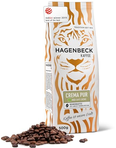 HAGENBECK KAFFEE Bio-Crema Pur 500g | Ganze Bio-Kaffee-Bohnen aus deutscher Röstung | Cremig & kräftig | Ideal als Cappuccino, Café Crème, Latte Macchiato & Espresso | Für Kaffee-Vollautomat