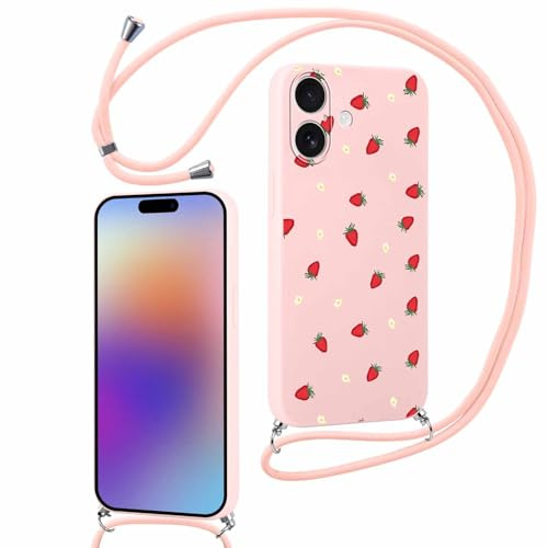 Foonary Nyckelbandsfodral för Apple iPhone 14 Plus 6,7, Snören Fodral Halskedja Axelrem Aesthetiska Blommor Mönster Stöttålig Huvudband Justerbart Skyddsrep Fodral för iPhone 14 Plus, Jordgubbe
