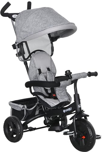 HOMCOM Triciclo Evolutivo para Bebés 6 en 1 Triciclo para Niños de 1-5 Años Bicicleta para Niños con Toldo Plegable Mango Telescópico Desmontable Cinturón de Seguridad y Cesto 95x50x106 cm Gris