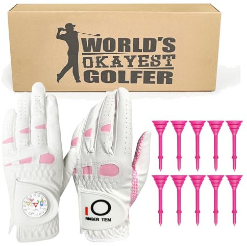 FINGER TEN Golf Handschuhe Frauen Linke Hand für Rechtshänder Golfer Leder mit Ball Marker 10 Rosa Tees 3 1/4 Zoll Geschenkbox (Rosa Set, Medium (Links getragen))