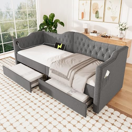 MQLAE Tagesbett Schlafsofa 90x200cm, Polsterbett mit USB Type C Ladefunktion und 2 Schubladen, Stauraumbett Bettgestell, Daybett Gästebett für Wohnzimmer Schlafzimmer, Linen, Grau