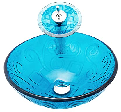 CLRAWSHB Badezimmer-Waschbecken, Waschbecken aus gehärtetem Glas, blaues rundes Waschbecken, Waschschüssel-Set mit Wasserhahn, Pop-up-Ablauf und Wasserrohr, Installation auf der Arbeitsplatte