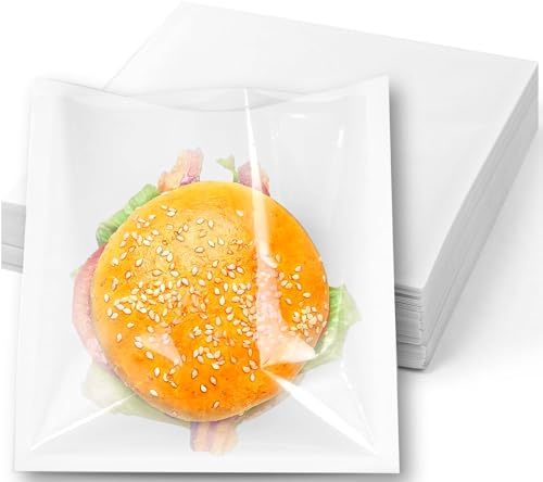 Clearly White Paper Bags With Clear Window Film Front, Cellophane Sandwich Bags for Cookies, Bakery, Party Sweets, Cakes, Takeaway Food - 6x6 Inch (15x15 cm) - 100 Pack