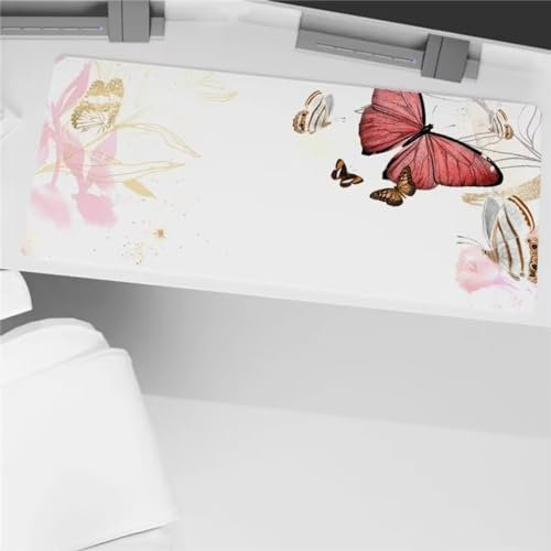 Mauspad XXL Mauspad Gaming 600x300x3mm, Mousepad XL mit Vernähte Kanten, rutschfeste Schreibtischunterlage Große für Verbessert Präzision (Rosa Schmetterling)
