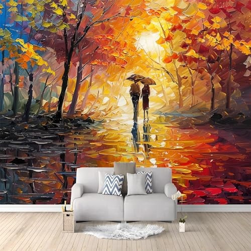 Art Tapete Orange Rot 3D Effekt Fototapete 300 x 210 cm Vlies Tapeten, Ölgemälde Park, Blätter Wandtapete Wohnzimmer Schlafzimmer Wanddekoration Tapete