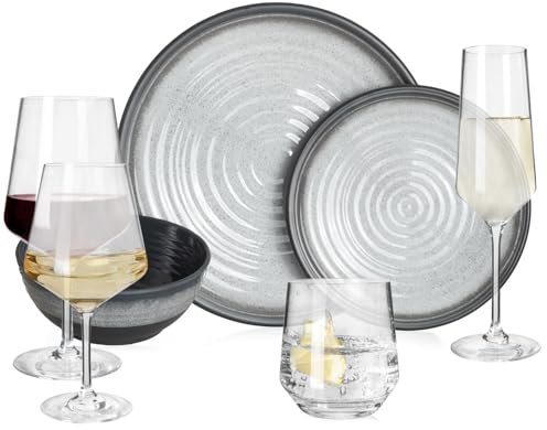 Vaisselle de camping en mélamine pour 4 personnes Gris pierre + 16 verres Milano Verres à eau Verres à vin Verres à champagne Flûtes Vaisselle de table pique-nique BBQ Batterie de cuisine
