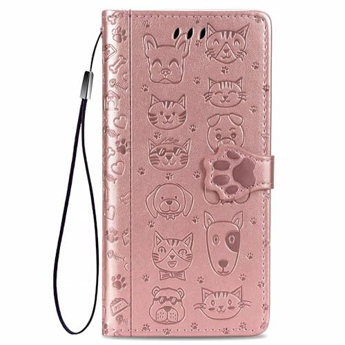 Handyhülle für TCL 505 Hülle Katze Hund Premium Leder PU Flip Case Magnetisch Kartensteckplätzen Klapphülle Wallet Lederhülle Bumper Schutzhülle für TCL 505 Tasche Roségold