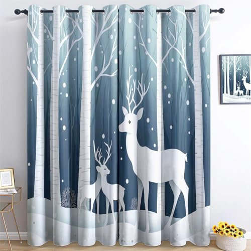 Vorhänge Niedliche Cartoon-Hirsche Dschungel Motiv, Vorhang Blickdicht Verdunklungsvorhänge Thermovorhang mit Ösen, Weiß Gardinen Schlafzimmer Fenster H214 x B91.5 cm (2er Pack) für Kinder Jungen