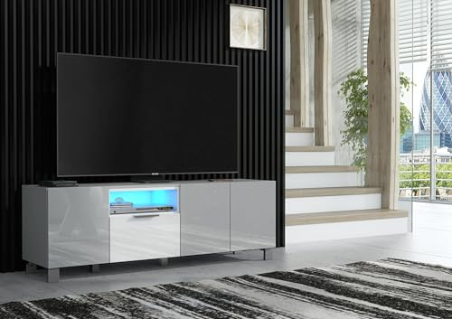 Furneo Enzo 14 Grau und Weiß Wohnzimmer Set Hochglanz und Matt Finish TV Standvitrine Sideboard Couchtisch mit LED Leuchten