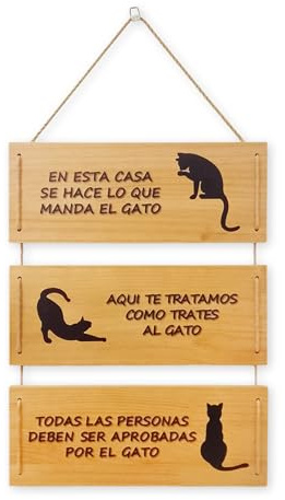 CATBLANC | Letrero Decorativo de Madera. Adorno Rústico para Amantes de los Gatos. Accesorio para el Hogar. Cartel Artesanal y Elegante para colgar. Regalo original y de calidad.
